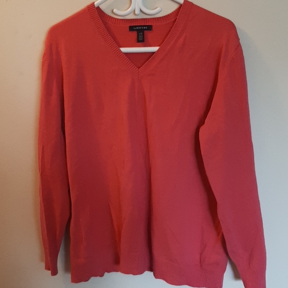 Lands End pink/corral color cotton v-neck sweater - Picture 1 of 4